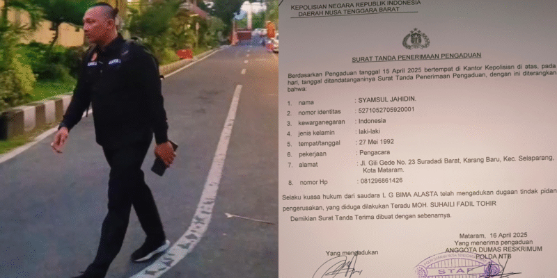 Kuasa Hukum L G Bima Alasta, Syamsul Jahidin (kiri) saat melaporkan Mantan Bupati Lombok Tengah, Moh Suhaili Fadil Tohir ke Ditreskrimum Polda NTB dan bukti LP (kanan). (Foto: suararealitas.co).