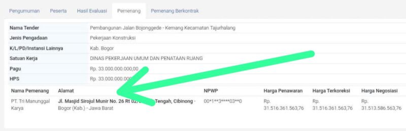 POTRET: pemenang skandal tender LPSE di Kabupaten Bogor. (Foto: Tangkapan Layar/Ist).