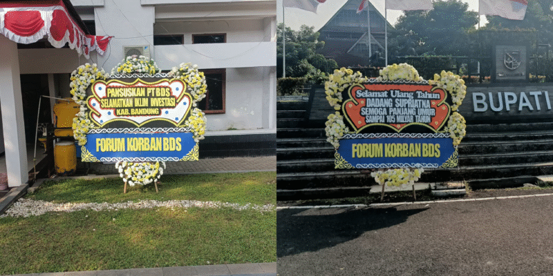 POTRET: dua karangan bunga di Gedung DPRD dan Bupati Bandung usai pembayaran pengadaan ayam boneless dada (BLD) yang tak kunjung dibayarkan oleh PT BDS. (Foto: suararealitas.co/Canva).