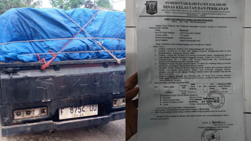 KETAHUAN: (kiri) mobil pick up berwarna hitam kedapatan membawa jerigen berisikan BBM subsidi jenis pertalite dan (kanan) modus operandi melalui surat nelayan dalam melancarkan aksi para mafia tersebut. (Foto: suararealitas.co)