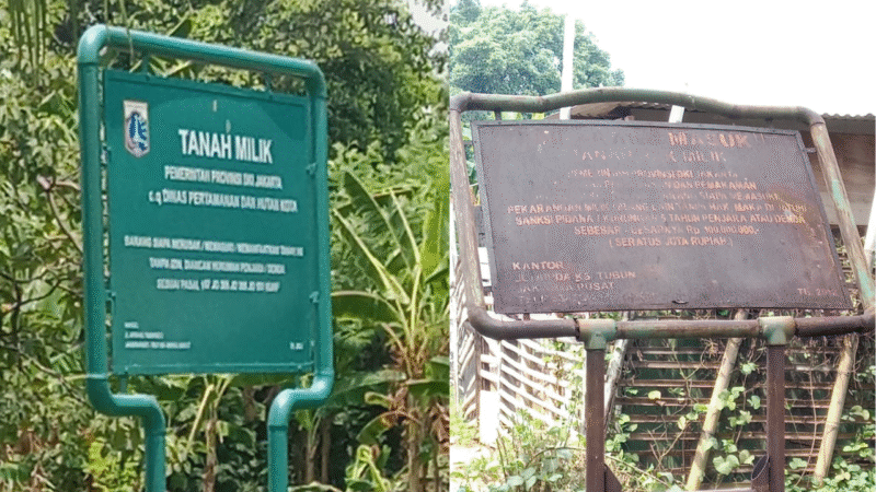 POTRET: (kanan) papan terbaru dan (kiri) plang kepemilikan milik Pemprov DKI Jakarta c.q Dinas Pertamanan dan Hutan Kota yang sudah usang maupun berkarat sehingga menimbulkan kecurigaan warga. (Foto: suararealitas.co)
