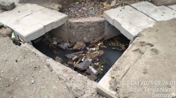 POTRET: proyek pemeliharaan berkala saluran drainase di Rusun Pesakih yang menuai reaksi masyarakat sekitar. (Foto: suararealitas.co).