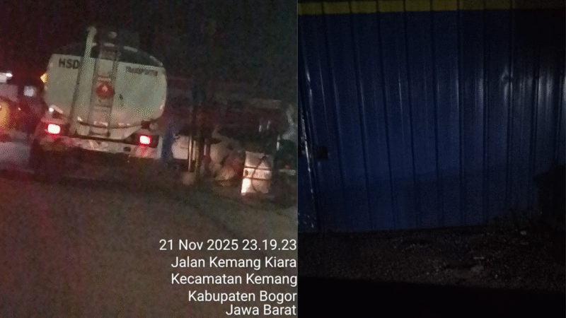 KETAHUAN - (kiri) satu diantara tiga kendaraan transportir berlogo PT Agung Pratama Energi sedang beraktivitas bongkar muat dan (kanan) sebuah gudang penimbunan bbm subsidi ilegal jenis solar. (Foto: Ekslusif suararealitas.co).