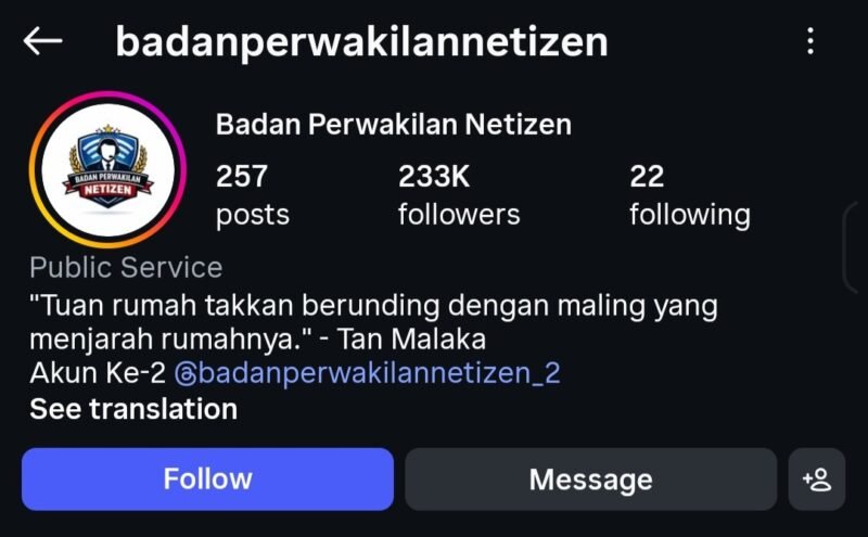 POTRET - akun media sosial milik Badan Perwakilan Netizen (BPN) statusnya dipertanyakan, dan Praktisi memastikan IG tersebut bukan akun Pers. (Foto: Tangkapan Layar/Istimewa).