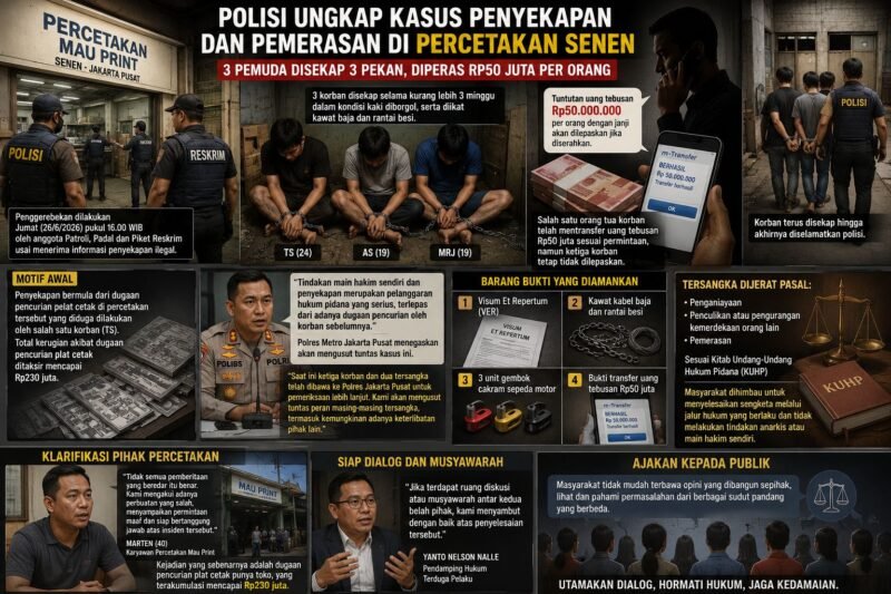 ILUSTRASI - Tigas Pemuda diduga disekap dan diborgol di Percetakan Senen, dan terduga pelaku meminta uang tebusan Rp50 juta meski sudah dibayarkan. Kemudian berhasil diungkap oleh Polres Jakarta Pusat. (Foto: Istimewa).