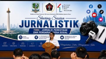 POTRET - Pembina Yayasan Rumah Pena Nusantara, Putu Mb. Amy dalam sambutanya di Sharing Season Jurnalistik di Wali Kota Madya Jakarta Utara, Senin (6/7). (Foto: Jojo).