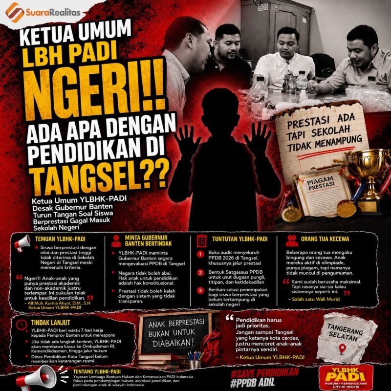 ILUSTRASI - Ketua Umum YLBHK-PADI mendesak Gubernur Banten, Andra Soni untuk turun tangan soal siswa berprestasi gagal masuk sekolah negeri. (Foto: Suara Realitas).