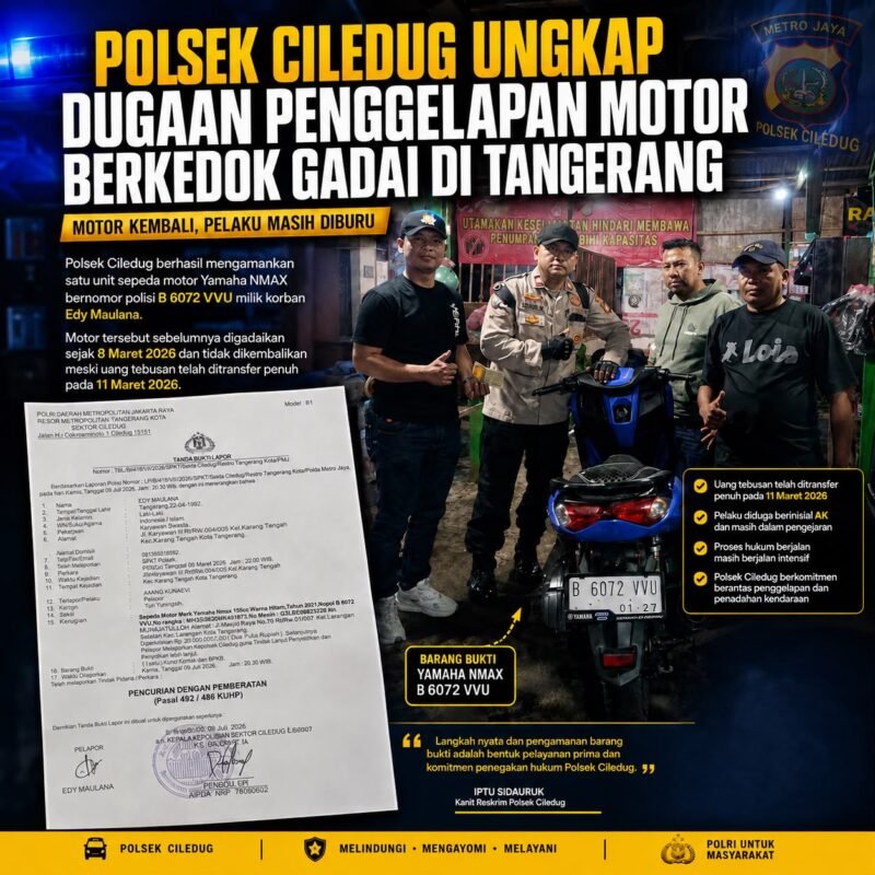 ILUSTRASI - Polsek Ciledug berhasil mengungkap dugaan penggelapan motor berkedok gadai di Tanjung Pasir, dan akan mengusut tuntas rantai perpindahan kendaraan. (Foto: Suara Realitas).
