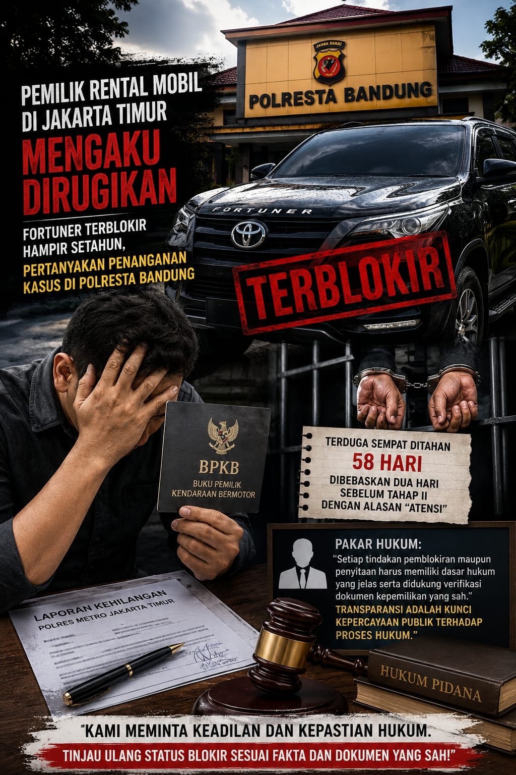 Kasus Fortuner Terblokir Belum Tuntas, Pemilik Rental Soroti Penanganan Perkara di Polresta Bandung