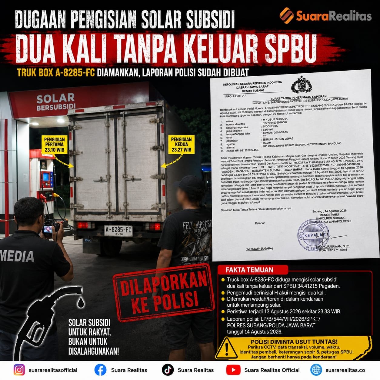 Dugaan Isi Solar Subsidi Dua Kali di SPBU Subang, Truk A-8285-FC Dilaporkan ke Polisi