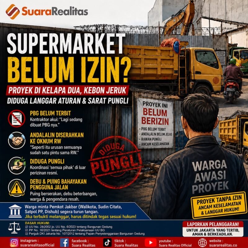 ILUSTRASI - bangun telebih dahulu, izin belakangan? Proyek Supermarket di Kebon Jeruk menjadi sorotan tajam. (Foto: Suara Realitas).