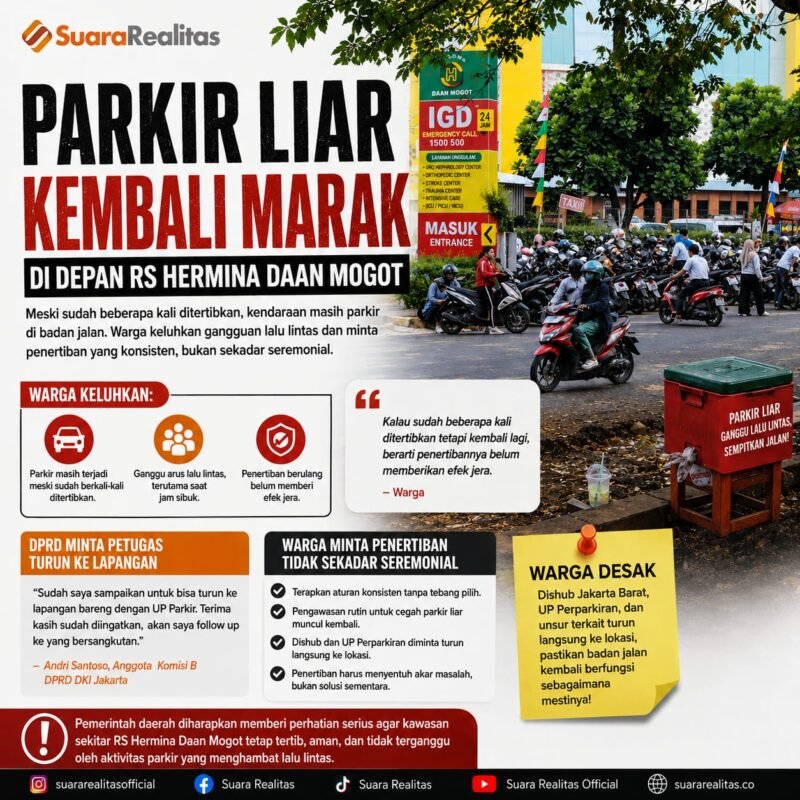 POTRET - parkir liar di depan RS Hermina Daan Mogot kembali marak, warga soroti efektivitas Penertiban Dishub. (Foto: Suara Realitas).