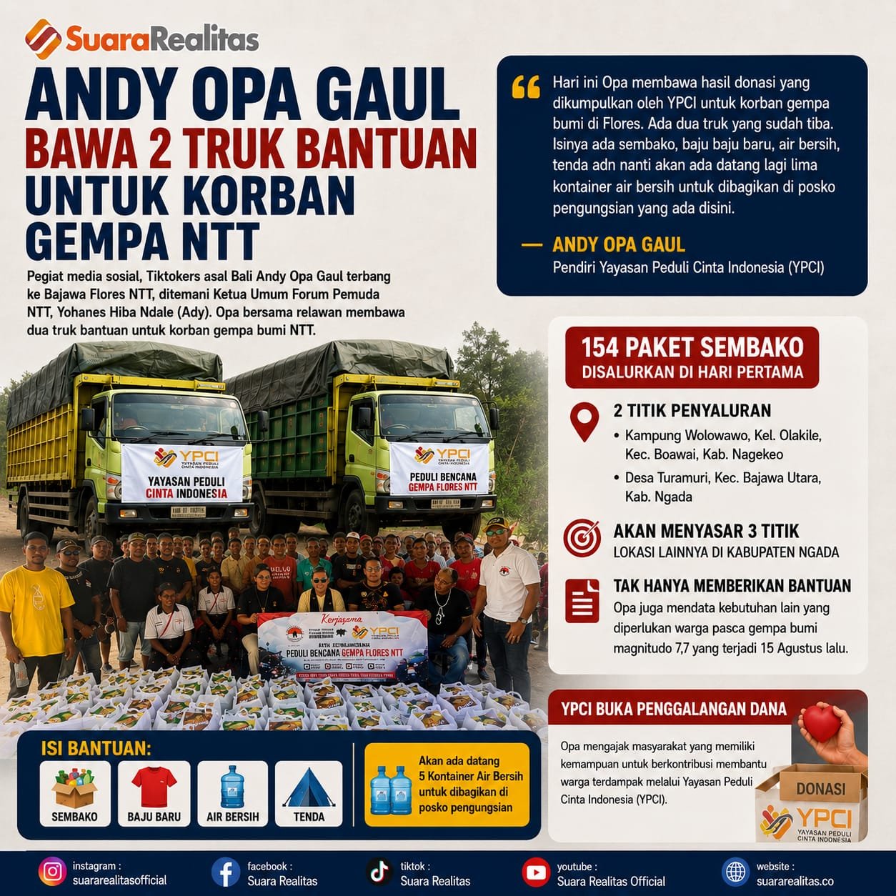 Peduli Korban Gempa NTT, Andy Opa Gaul Bawa 2 Truk Sembako dan Air Bersih ke Flores