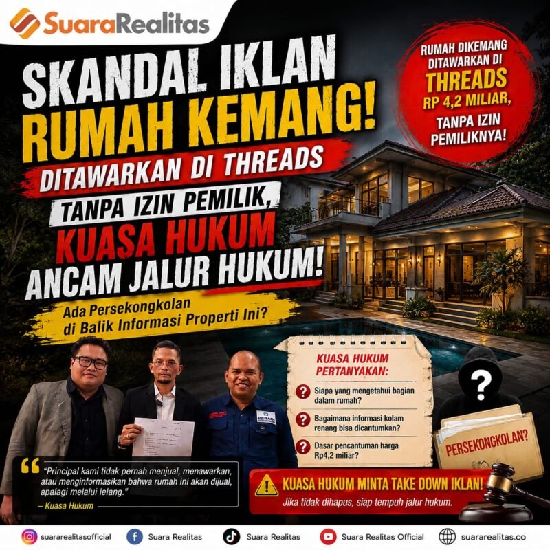 ILUSTRASI - rumah principal muncul di Threads dan Diklaim Dijual Rp4,2 Miliar, Kuasa Hukum minta iklan diturunkan. (Foto: Suara Realitas).