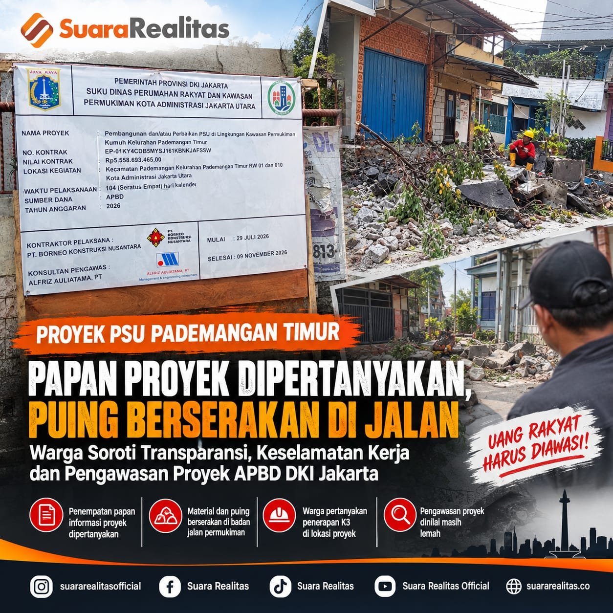 Proyek APBD Rp5,5 Miliar di Pademangan Timur Jadi Sorotan, Puing Berserakan dan K3 Dipertanyakan