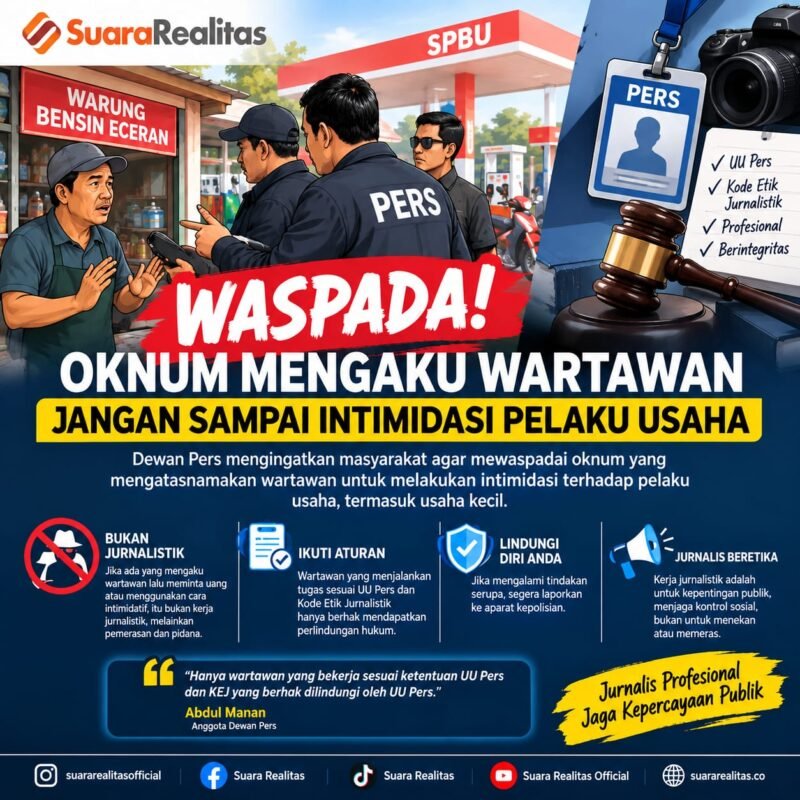ILUSTRASI - Dewan Pers Tegas: Intimidasi dan Minta Uang mengatasnamakan Wartawan bukan Kerja Jurnalistik. (Foto: Suara Realitas).