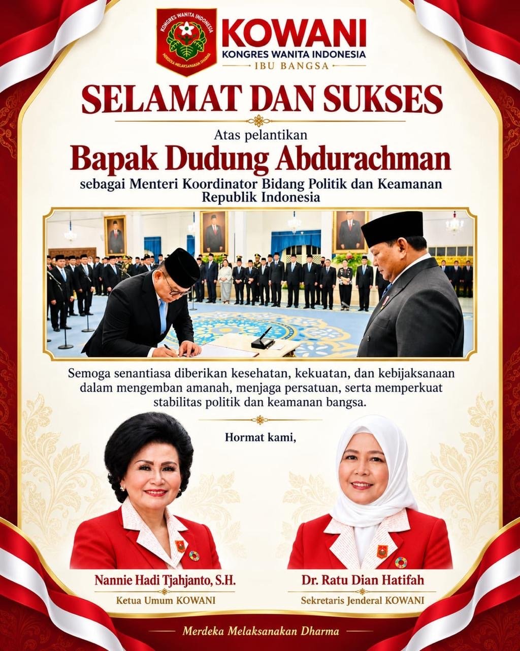 KOWANI Sampaikan Selamat atas Pelantikan Dudung Abdurachman sebagai Menko Polkam