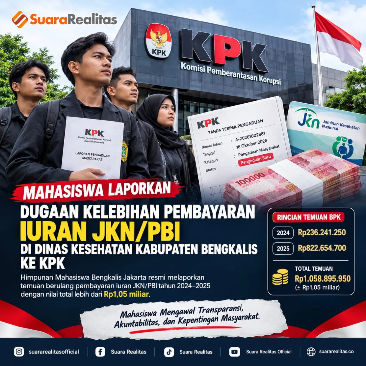 Himpunan Mahasiswa Bengkalis Jakarta mengadukan temuan kelebihan pembayaran iuran JKN/PBI senilai Rp1,05 miliar kepada KPK.