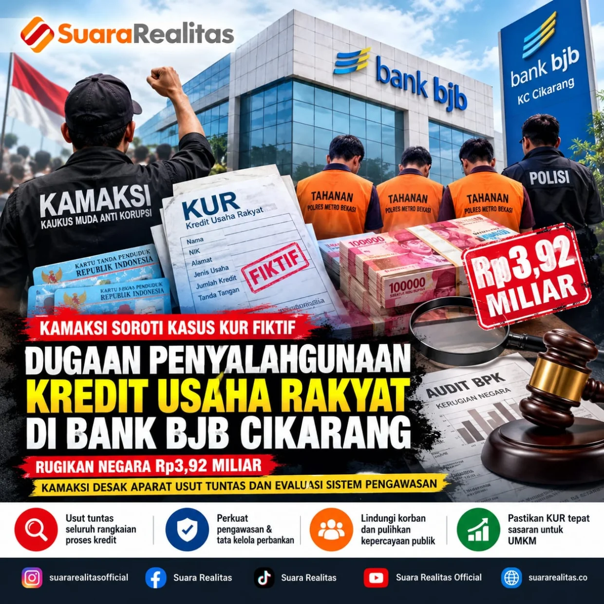 KAMAKSI desak pengusutan dugaan KUR fiktif Bank BJB Cikarang dengan kerugian negara Rp3,92 miliar di Kabupaten Bekasi.