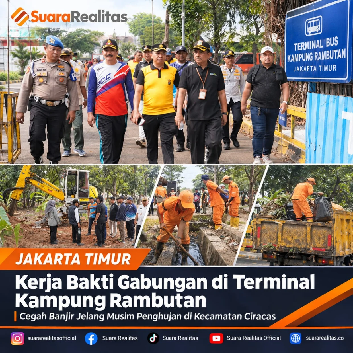 Kerja bakti gabungan Kecamatan Ciracas membersihkan saluran air di Terminal Kampung Rambutan dan RW 06, Jakarta Timur, untuk mengantisipasi genangan menjelang musim hujan.