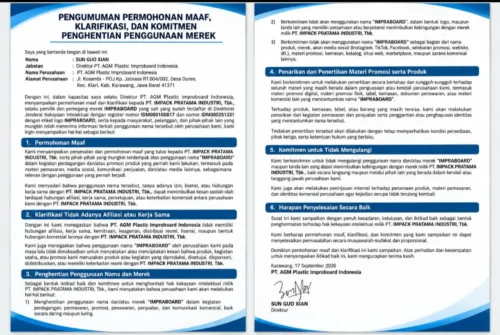 PT. AGM Plastic Improboard Indonesia menyampaikan permohonan maaf dan komitmen penghentian penggunaan merek IMPRABOARD milik PT. IMPACK PRATAMA INDUSTRI, Tbk.